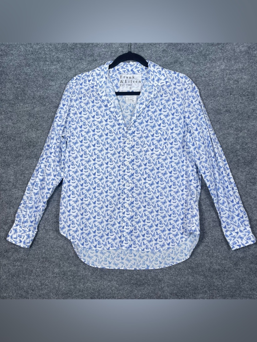 Frank&Eileen Womens Small Blue Butterfly Eileen Relaxed Button Up Long Sleeve